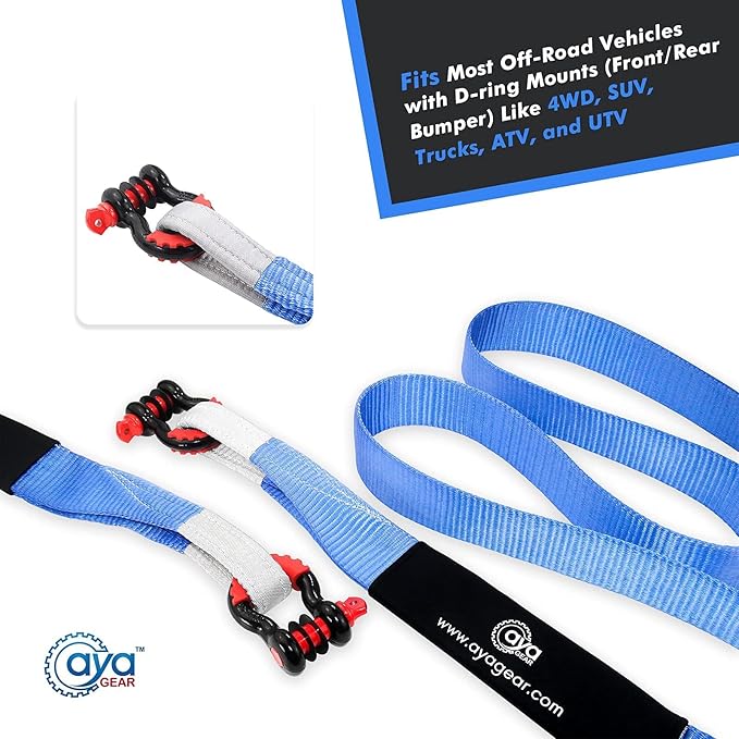 Off Road Recovery Silver Kit| 3" x 30ft Heavy Duty 30,000 lbs Tow Snatch Rope + 3/4 D Ring Shackles (2pcs)| Recovery Gear Combos 4x4 Winch Accessory Kit (3" x 30' Strap with Two Shackles)