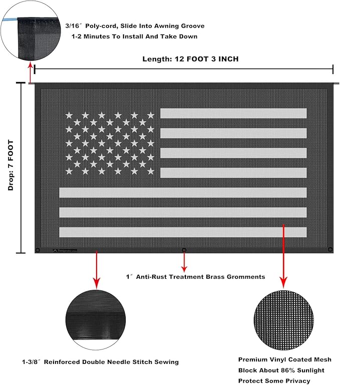 Tentproinc RV Awning Sun Shade Screen 7' X 12' 3'' (American Flag) Black Mesh Sunshade Camper Trailer Awning Shade Screen UV Blocker Completed Kits