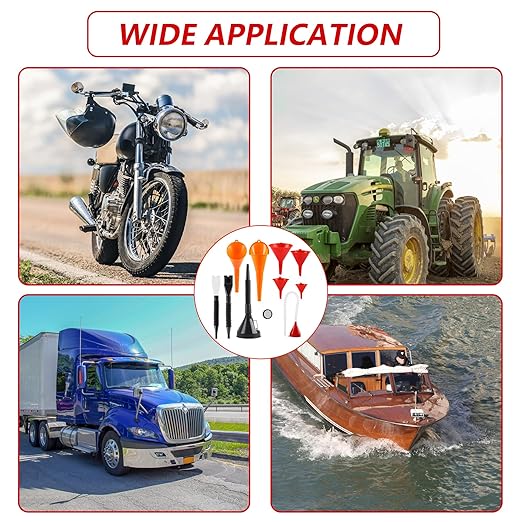 10 Pcs Automotive Funnels Set, Wide Mouth Fuel Funnels, Plastic Long Neck Oil Flexible Right Angle Funnelss, with Detachable Spout and Filter, Plastic Funnel Set for Water/Gasoline/Coolant/Engine Oil