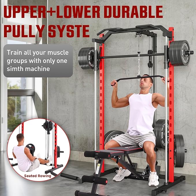 OPPSDECOR Power Cage, Multi-Function Power Rack with Adjustable Cable Pulley System, Squat Rack with Pull-up Bar, J-Hooks, More Training Attachment for Home Gym