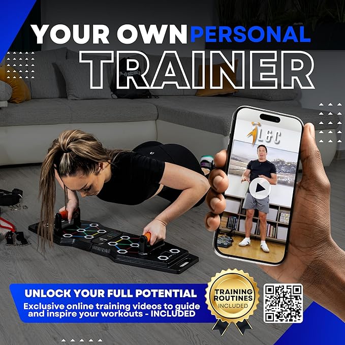 Push Up Board for Full Body Workout at Home - Portable, Joint Friendly, Fun & Motivating Home Workout Equipment with QR Code Guided Workouts - Ideal for Men, Women, Teens - L&C Exercise Essentials