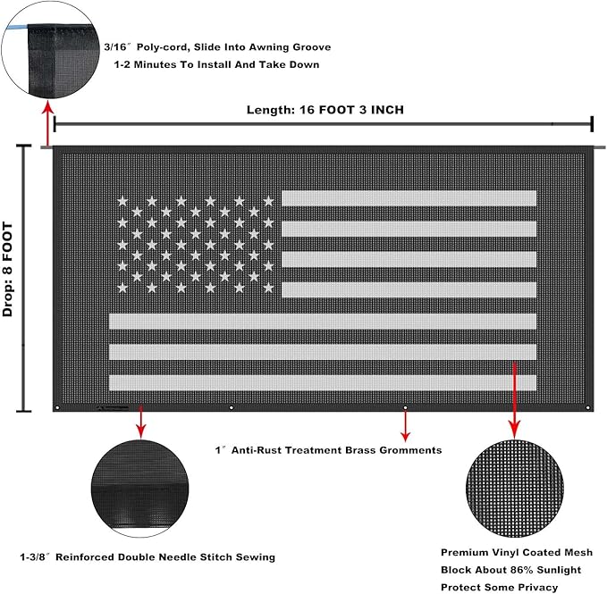 Tentproinc RV Awning Sun Shade Screen 8' X 16' 3'' (American Flag) Black Mesh Sunshade Camper Trailer Awning Shade Screen UV Blocker Completed Kits