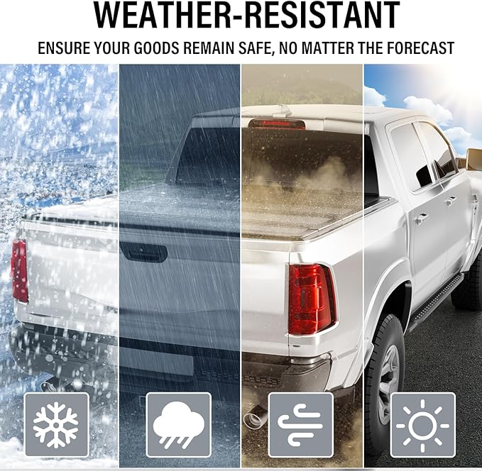 Low Profile Hard Folding Aluminum Truck Bed Tonneau Cover Compatible with 2019-2026 Dodge Ram 1500 5' 7" Bed Without Ram Box (67.4"), Quad-Fold Style