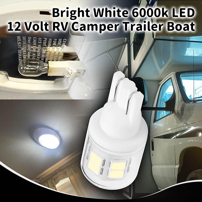 10Pcs Bright T10 921 922 912 194 168 906 2825 Led Bulbs for 12V RV Tralier Interior Ceiling Dome Light, Cool White 6000k, LED Camper Boat Trunk Car Marine Map License Backup Reverse Lamp Lights