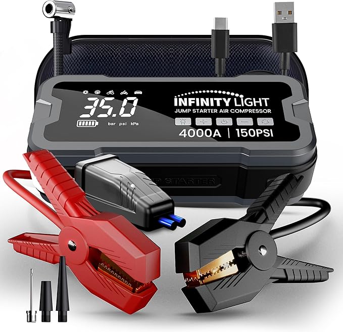 4000A Jump Starter 150 PSI Air Compressor Tire Inflator Cordless Air Pump, 12V Portable Car Battery Booster, LED Display, 12000mAh Power Bank, PD 18W Fast Charging, Flashlight – 10L Gas/8L Diesel