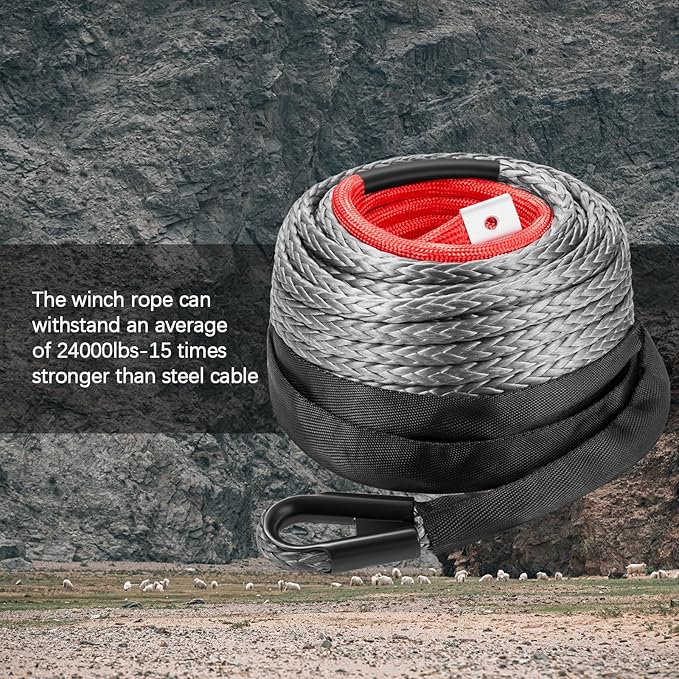 3/8 Inch x 80 Feet Synthetic Winch Rope, 24000Lbs Synthetic Winch Line Cable Rope with Protective Sleeve for Off Road Vehicle SUV Gray