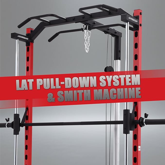 OPPSDECOR Power Cage, Multi-Function Power Rack with Adjustable Cable Pulley System, Squat Rack with Pull-up Bar, J-Hooks, More Training Attachment for Home Gym