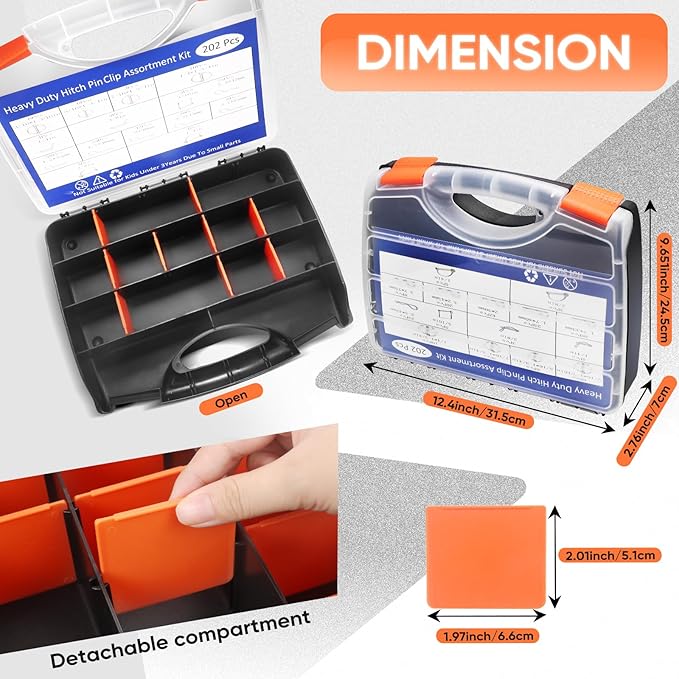 202PCS Hitch Pin, Trailer Pins Clip Pins Assortment Kit for railers Tractors Trucks Towing Mowing Farm Equipment Snow Plows Lawnmowers Garage Heavy Duty Trailers Accessories Tractor Attachments