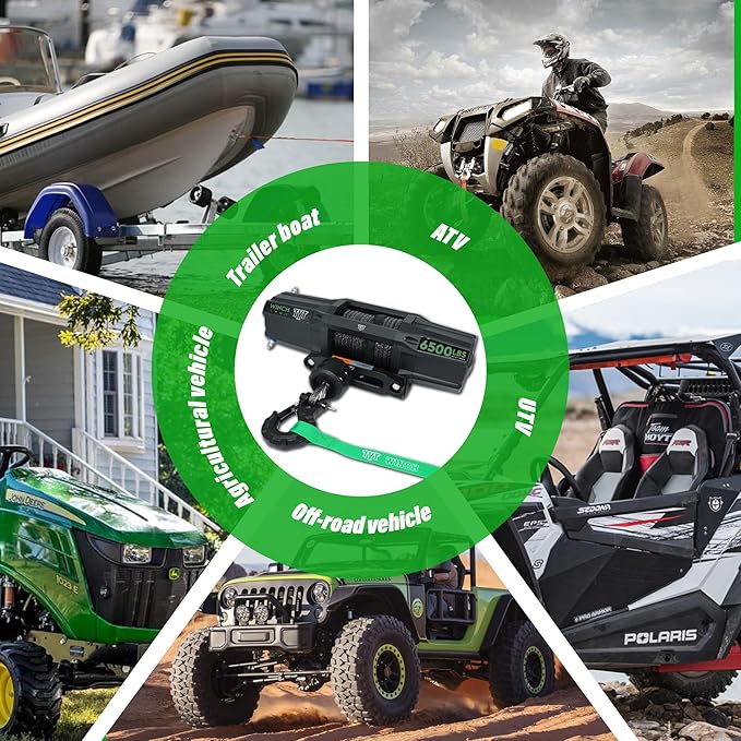 TYT 6500 lb UTV Winch Kit,12 Volt DC Electric Trailer Winch with Wireless Remote and Wired Switch,1/4" x 50FT Synthetic Rope Winch with Rubber Stopper and Mounting Plate