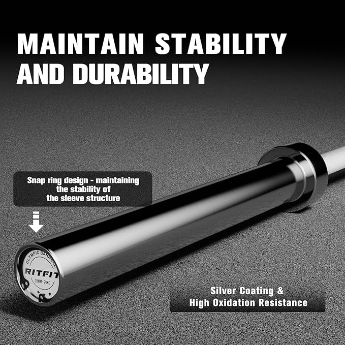 RITFIT 7FT Olympic Barbell for Strength and Weightlifting Training - 2 Inch Olympic Bar for Squat, Deadlift, Bench Press, Curl, Overhead Press - 500lbs/1000lbs/1500lbs Capacity