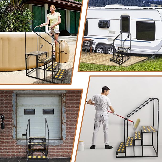 4 Step RV Stairs, Hot Tub Steps, Outdoor Spa Step Ladder with Double Handrail,Portable Economy 5th Wheel Stair for Travel Trailer, Motor Home, Camper and Porch with Non-Skid Tapes
