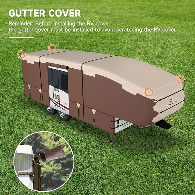 VINPATIO 5th Wheel Cover: Fits 28'-31' RV, 300D Oxford Fabric Two Color Design, Heavy Duty 5th Wheel RV Cover Anti-UV Waterproof Windproof, with Gutter Cover & 2 Pcs Extra Straps