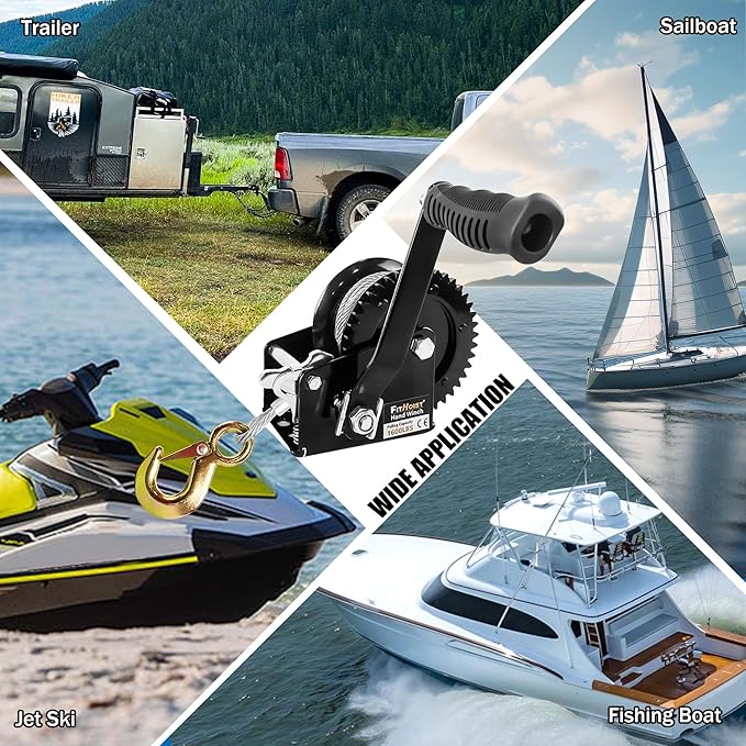 Boat Trailer Winch 1600lbs Capacity with 32Ft Steel Cable,Hand Winch Two-Way Ratchet Adjustable Trailer Winch,Portable Hand Crank Winch for Boat, Truck, ATV, Jet Ski