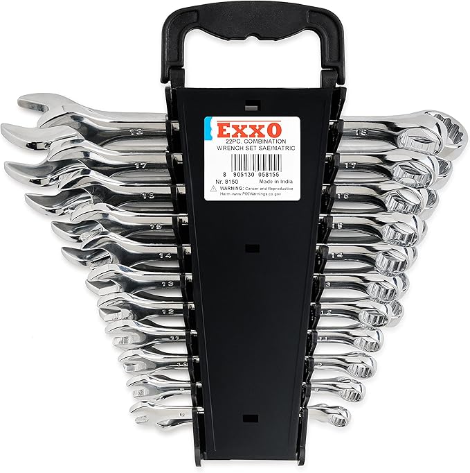 EXXO | 22 Piece SAE and Metric Combination Wrench Set | 1/4-7/8 & 8-18mm | Chrome Vanadium Steel | for Industrial, Home and Automotive Technicians