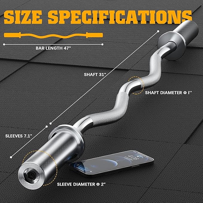 Olympic EZ Curl Barbell Bar, 47” Strength Training EZ Bar for Weight Lifting,Hip Thrusts,Biceps, triceps, Back/Leg Muscle Exercise,Chrome Curling Bar for 2 Inch Weight Plates,with 2 Spring Collars(500LBS)