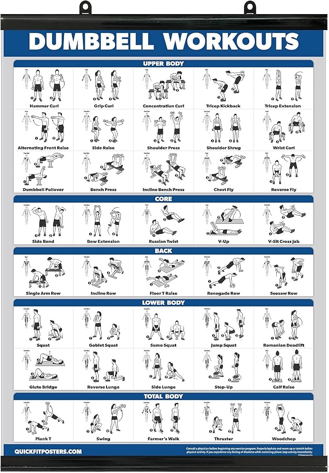 Exercise Poster for Dumbbell Training - Includes Instructions for Bodybuilding - Home Gym Chart - Laminated with Plastic Frame - 18" x 24"