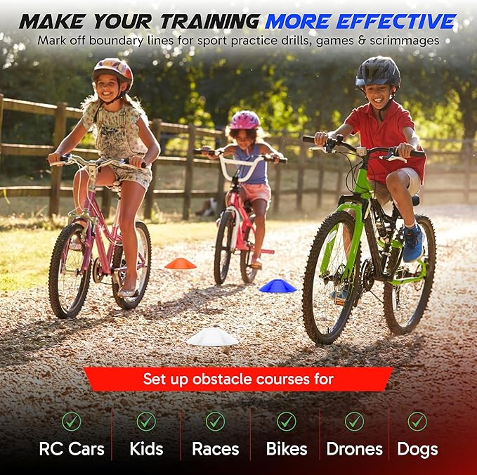 Pro Disc Cones (Set of 50) - Agility Soccer Cones with Carry Bag and Holder for Sports Training, Football, Basketball, Coaching, Practice Equipment, Kids - Includes 15 Best Cone Drills Book