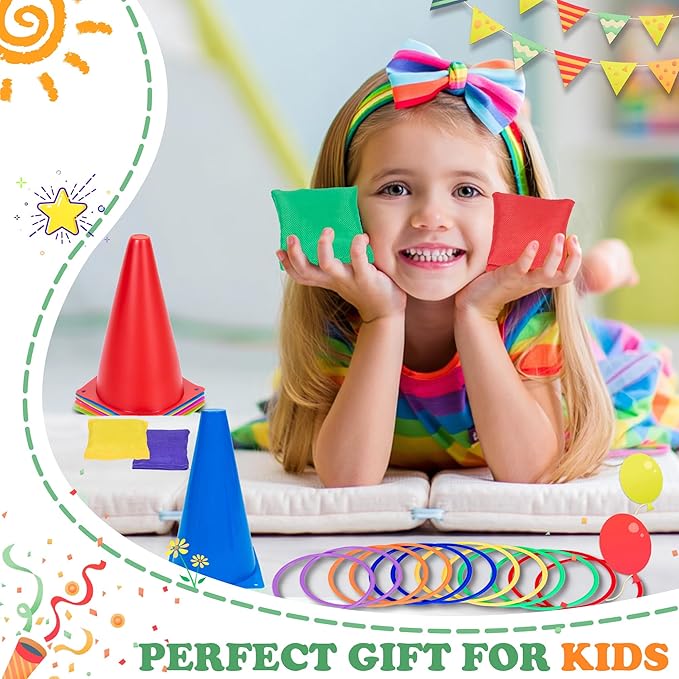 Carnival Outdoor Games Combo Set for Kids, Soft Plastic Cones Bean Bags Ring Toss Game, Activity Agility Set,Field Day Family Reunion Yard Lawn, Birthday Party Easter, Spring Fall Game