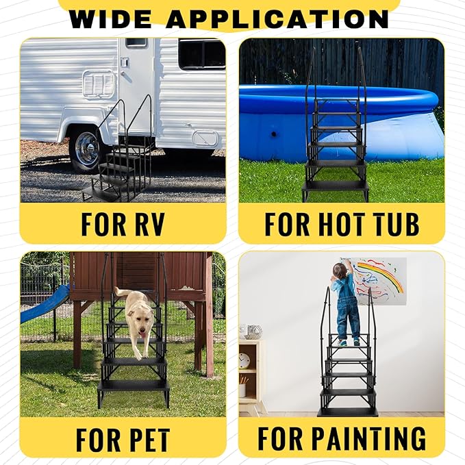 RV Steps with 2 Handrails, Hot Tub Steps Outdoor, 6 Step Ladder Stool, RV Stairs with Anti-Slip Panel, Camper Steps for Spa, Travel Trailers, Pool and Porch