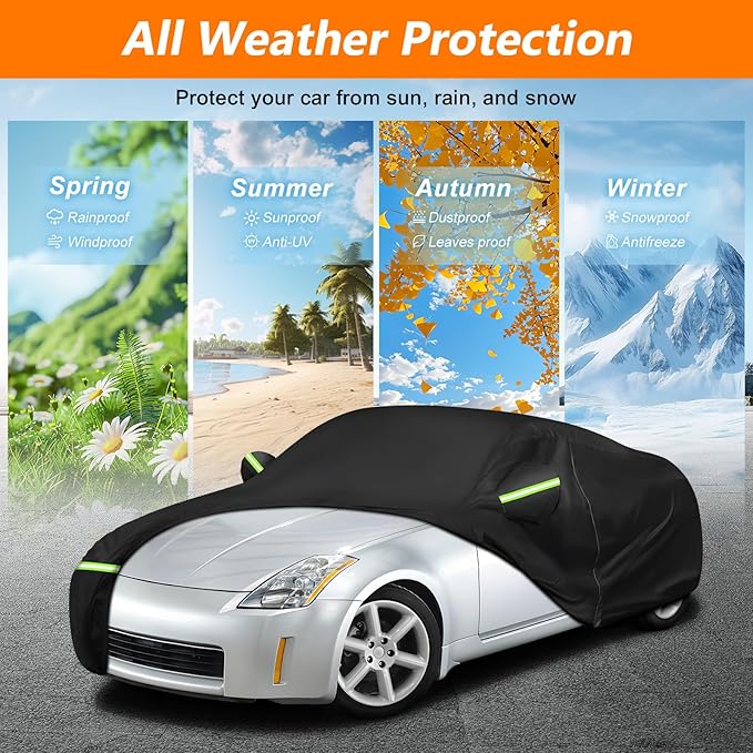 Car Cover Waterproof for 2003-2009 Nissan 350Z, Waterproof 210D Oxford Cloth and Cotton Cover Outdoor Full Car Covers with Zipper Windproof Heavy Duty All Weather with Wind, Sun, UV and Dust Protectio