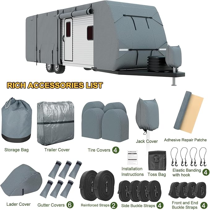 Mofeez Travel Trailer Cover 30-33 ft, Extra-Thick Upgraded 7 Layers Camper Covers 30-33 with Roof Top ac RV Cover Windproof Waterproof Rip-Stop- 2Pcs Extra Straps & 4 Tire Covers