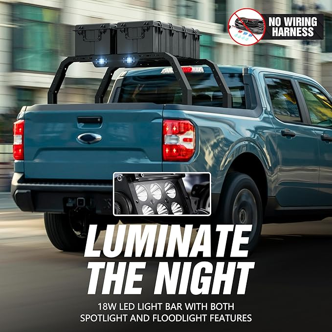 Adjustable 16"-18.7" Hight Overland Bed Racks Truck Cargo Carrier Compatible with 2022-2025 Ford Maverick Cross Bars Ladder Rack with 2 Led Light Bars (Not for Trucks with Bed Cover)