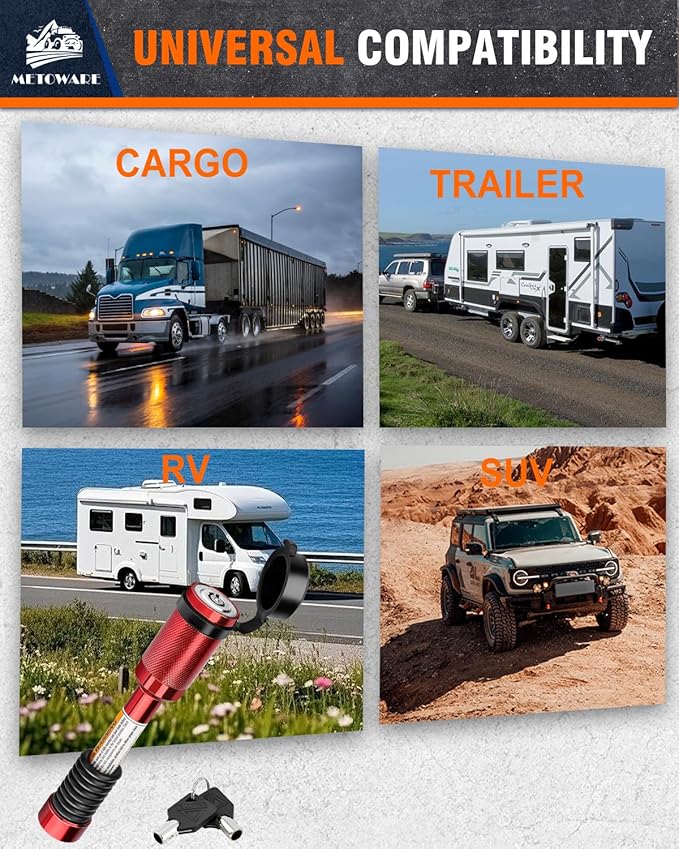 METOWARE Trailer Hitch Lock, Tailer Receiver Lock Fits Class III/IV, 2", 2-1/2" Hitch Receiver with 5/8" Dia Pin and 8 Rattle Rubber O-Rings, for Trailer, Truck, Car, Boat (Red)