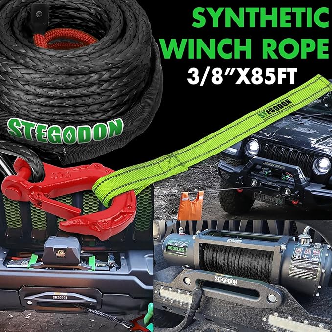 Synthetic Winch Rope, 3/8'' x 85ft 25,000LBS Synthetic Winch Line 3/8 Winch Cable Replacement Synthetic Rope with Forged Winch Hook for 4WD Off Road Vehicle SUV Truck(Black)