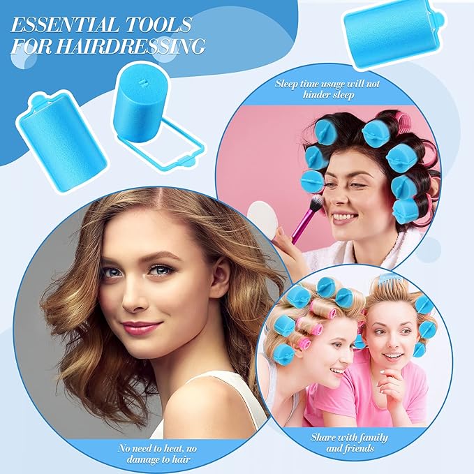 Geyoga 18 Pieces Sponge Hair Rollers Large Soft Foam Hair Styling Curlers Large Size Hairdressing Curlers for Women(Blue,1.4 x 2.6 Inches)