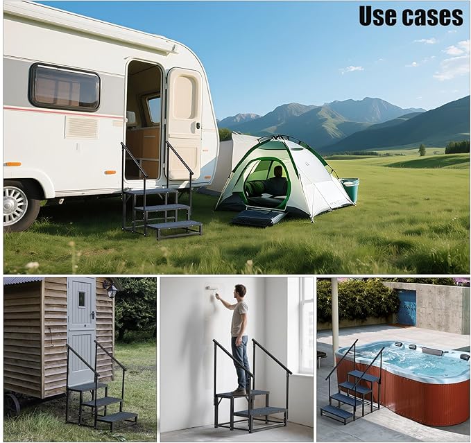 RV Steps with 2 Handrail, 3-Step Heavy Duty Hot Tub Steps, Non-Slip Outdoor Spa Steps for RV, Camper, Trailer, Mobile Home, Porch, Portable Ladder Stairs with Anti-Slip Mats (3 Steps with 2 Handrail)