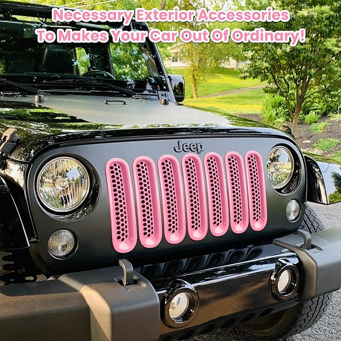 7PCS Front Grill Mesh Inserts for Jeep Wrangler JK JKU Unlimited 2007 2008 2009 2010 2011 2012 2013 2014 2015 2016 2017 2018 Grille Guard Cover Trim Clip-in Exterior Accessories (Matte Pink)