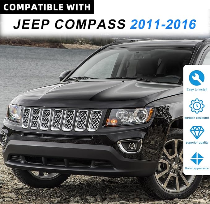 JINCHEN 7pcs Grill Mesh Inserts Clip-on Compatible with Jeep Compass 2011-2016, Front Grill Inserts Grille Cover Frame Trims (Chrome)