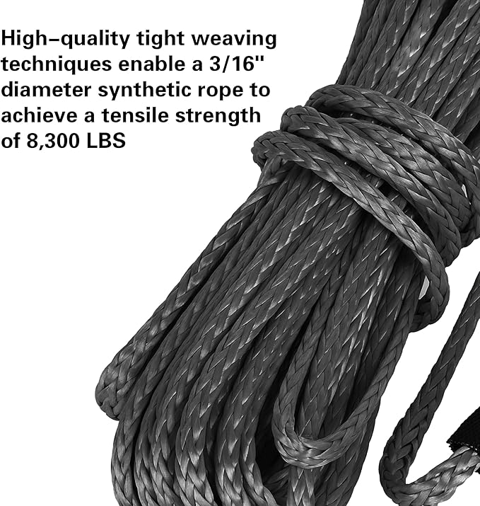 ATV UTV Synthetic Winch Rope 3/16" x 50 ft, 8,300 lbs Pulling Strength, with Protective Sleeve, Safety Pull Strap for ATV, UTV, and Offroad Vehicles (Black)