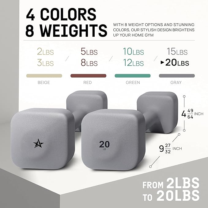 Yes4All Square Neoprene Dumbbell Set for Women/Men, Workout Hand Weight Dumbbells Set of 2, 2lb - 20lb with 4 Colors, Anti-Roll, Anti-Slip Exercise Dumbbells Weights for Home Gym,