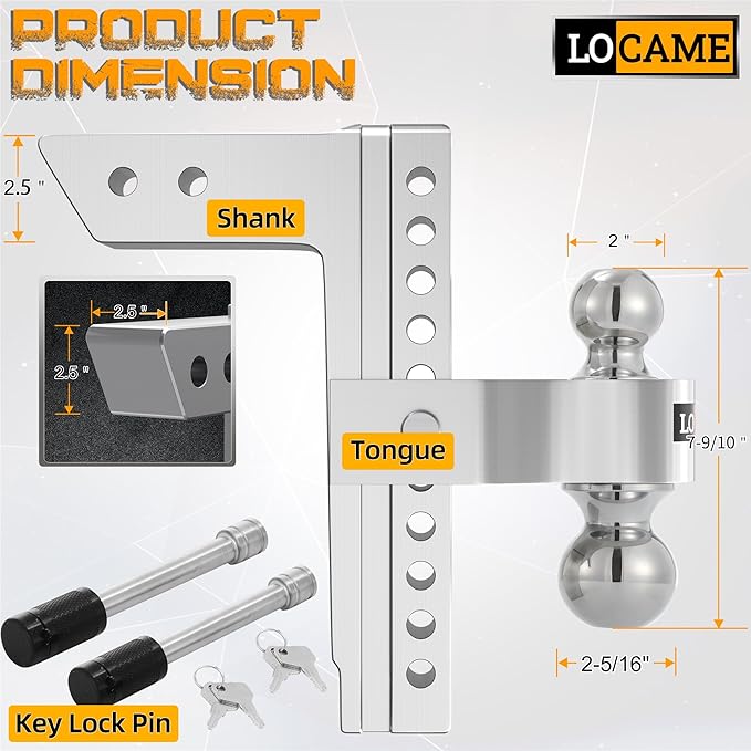 LOCAME Adjustable Trailer Hitch, Fits 2.5-Inch Receiver Only, 10-Inch Drop/Rise Aluminum Drop Hitch,18,500 LBS GTW-Tow Hitch for Heavy Duty Truck with Double Stainless Steel Locks, Silver, LC0009