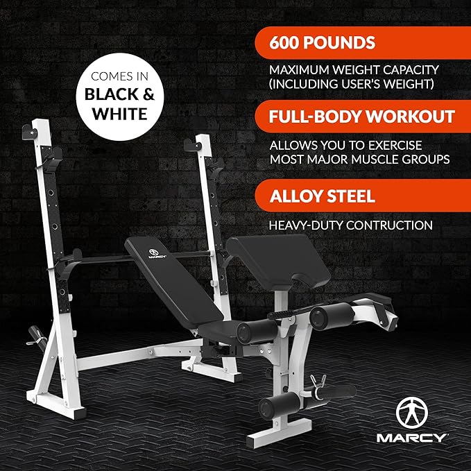 Marcy Olympic Workout Bench for Home Gym Strength Training Equipment with Preacher Curl Pad and Weight Rack Storage, White/Black