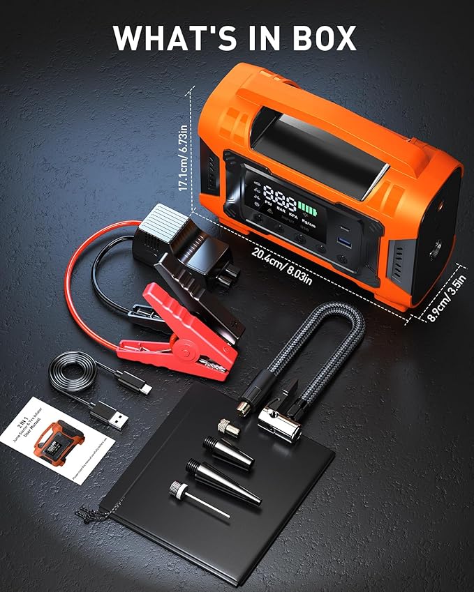 Jump Starter with Air Compressor, Car Battery Jump Starter 150PSI Tire Inflator, Battery Jumper Starter Portable Jump Box, 12V Portable Car Jump Starter for 9L Gas & 7L Diesel Engines