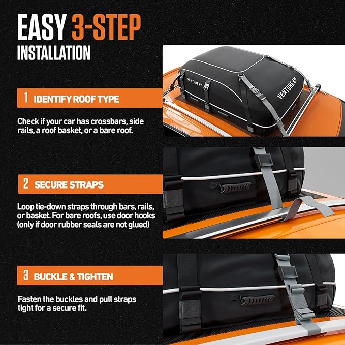 VENTURE 4TH Car Rooftop Cargo Carrier – 21 Cubic Feet Waterproof Roof Bag with 10 Heavy-Duty Compression & Tie-Down Straps, Anti-Slip Mat & Door Hooks – Fits Cars with or Without Roof Rack