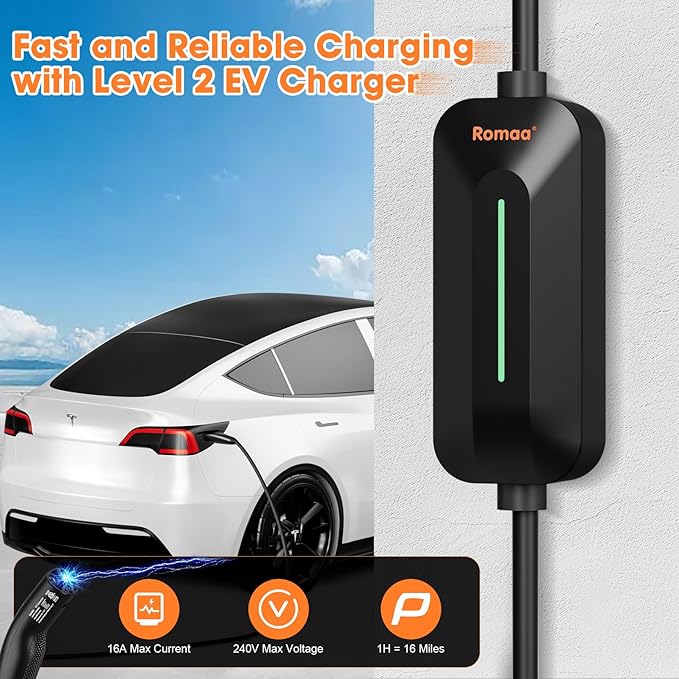 Romaa Level 2 & Level 1 EV Charger for Tesla Mobile Charing, 16 Amp 220V-240V NEMA 6-20 Plug, 12A 110V-120V NEMA 5-15 Adapter, 25FT Cable, NACS Connector Electric Car Charger for Tesla Model 3/Y/X/S