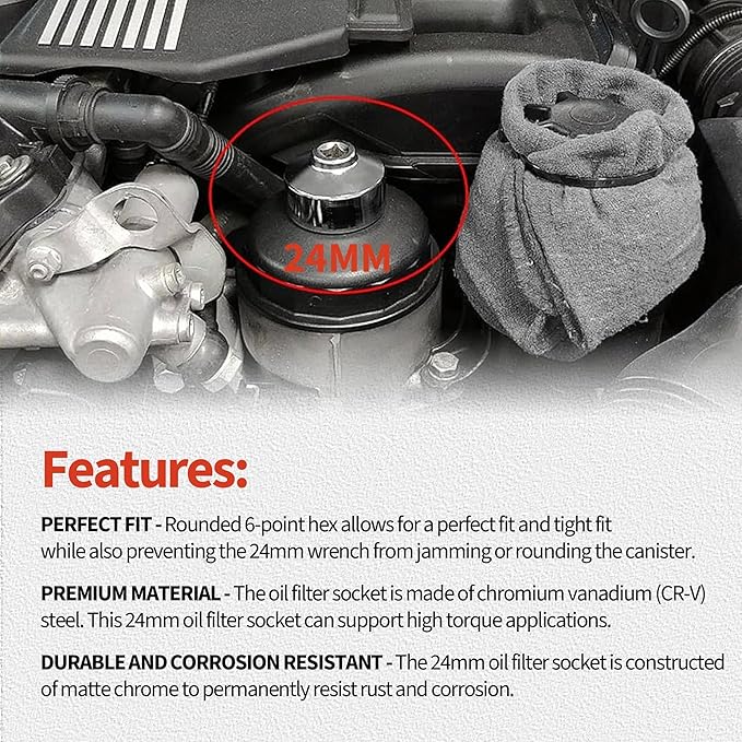 Oil Filter Socket Set, 24mm Socket 6 Point Steel Oil Filter Removal Tool,3/8" Drive Oil Filter Tool Car Accessories Compatible with BMW, Cadillac, Chrysler, Dodge, Jeep, Ford, Chevrolet, Chevy