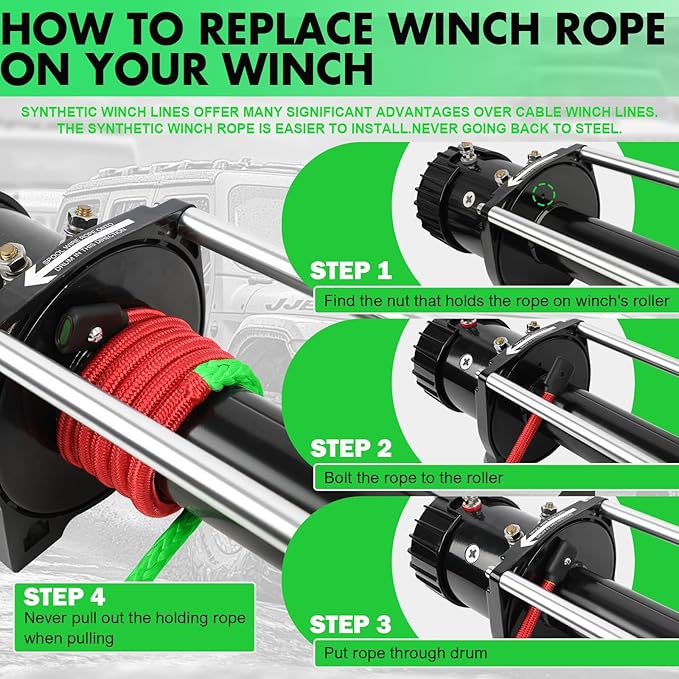 Synthetic Winch Rope, 3/8'' x 85ft 25,000LBS Synthetic Winch Line 3/8 Winch Cable Replacement Synthetic Rope with Forged Winch Hook for 4WD Off Road Vehicle SUV Truck(Green)