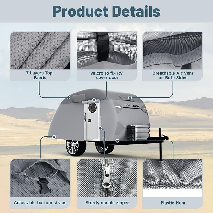 Umbrauto Teardrop Travel Trailer Cover Fits 12'-15' Trailers, 7 Layers Top Heavy Duty Waterproof Camper Cover with Windproof Strap for R-Pod Trailers, Clamshell Trailers