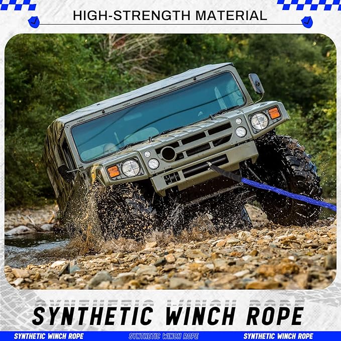 Blue Synthetic Winch Rope 3/8'' x 50ft 26, 500 Lbs Synthetic Winch Line Cable Rope with Protective Sleeve for Off Road Vehicle 4WD SUV Truck ATV UTV SUV