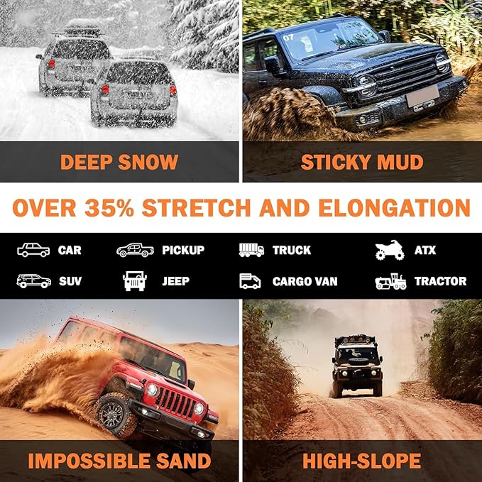 RUGCEL Kinetic Recovery Rope Tow Rope - 34000 lbs Strength, 1" x 30ft, with Heavy-Duty Gloves, Soft Shackle & Snatch Block - Ideal for Car, Truck, SUV, UTV, ATV & Tractor - Black Tow Straps