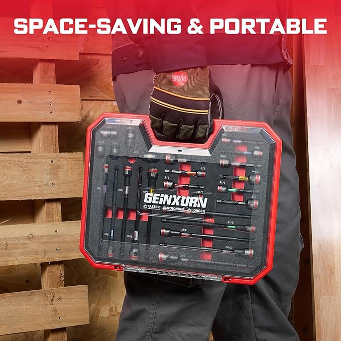 25Pieces Magnetic Nut Driver Set for Impact Drill Metric and SAE Sizes with Plastic Tool Box Storage, Built for Professional & DIY Projects