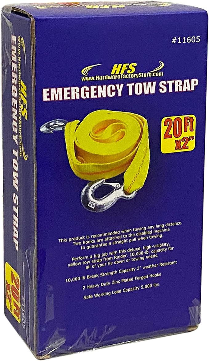 HFS(R) Heavy-Duty Tow Strap with Hooks | 10,000-Pound Capacity | Woven Polyester Webbing |HD Truck Recovery, ATV Towing, and Vehicle Rescue |Tow Rope for Versatile Applications 2 Inch X 20 Ft