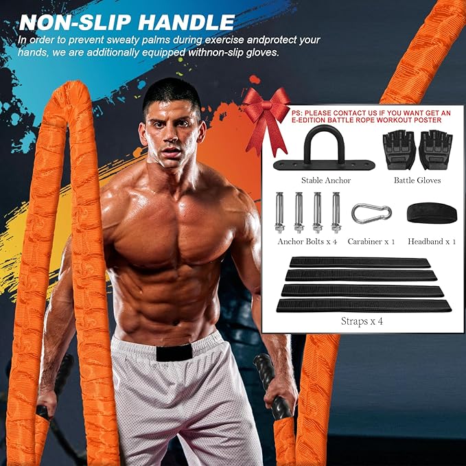 Battle Ropes for Home Gym 1.5Inch Diameter 30 FT Lengths Workout Heavy Battle Ropes for Exercise Training Weighted Ropes for Working Out Exercise Equipment with Protective Cove - Orange