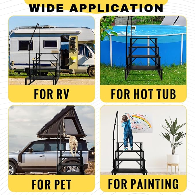 RV Steps with Handrail, Hot Tub Steps Outdoor, 4 Step Ladder Stool, RV Stairs with Anti-Slip Panel, Camper Steps for Spa, Travel Trailers, Pool and Porch