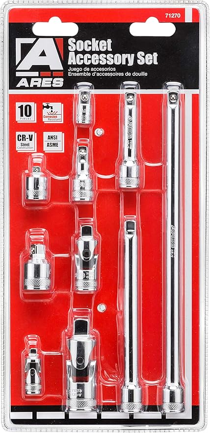 ARES 71270-10-Piece Socket Accessory Set - Premium Chrome Vanadium Steel with Mirror Finish - Includes Socket Adapters, Extensions and Universal Joints