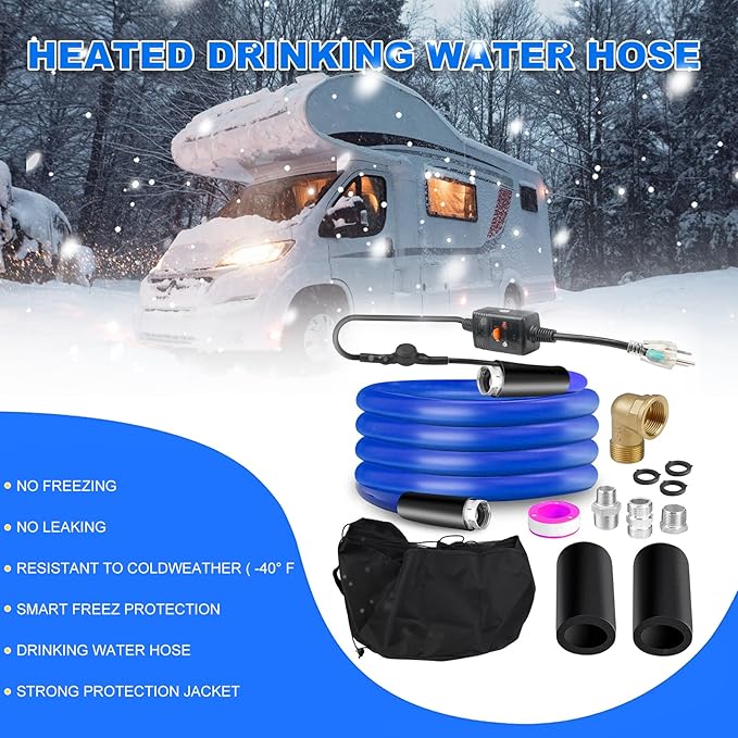 BHB Upgraded 15 FT Heated Water Hose For RV 5/8"ID Water Hose Withstand Temperatures Down to -45 ? Antifreeze Energy Saving Thermostat RV Accessories, With Storage Bag And 4 Types Of Adapters